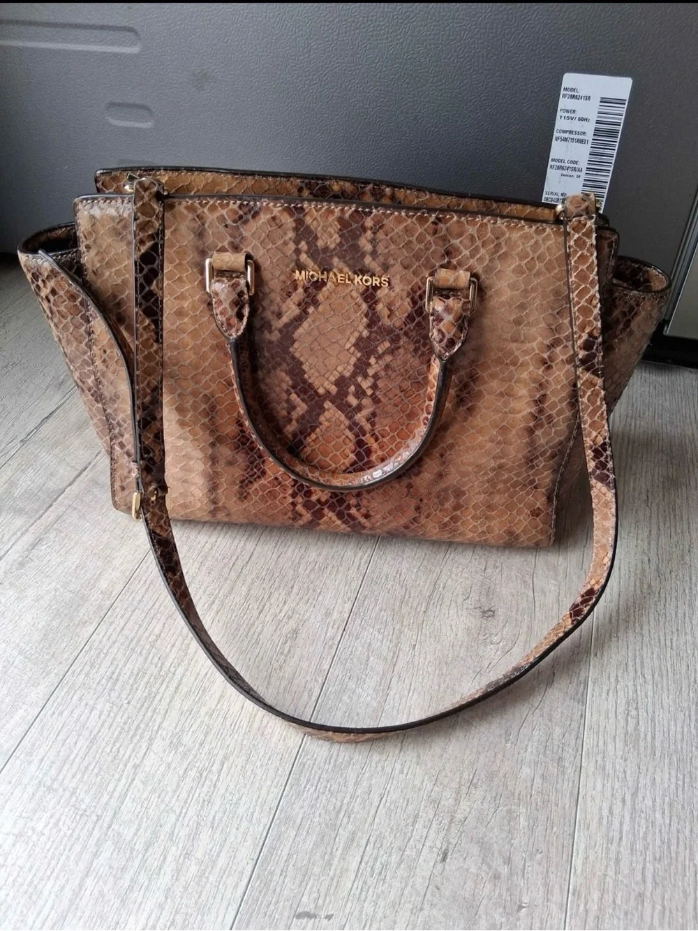 Michael Kors Brown Snake-Print Satchel with Gold Hardware